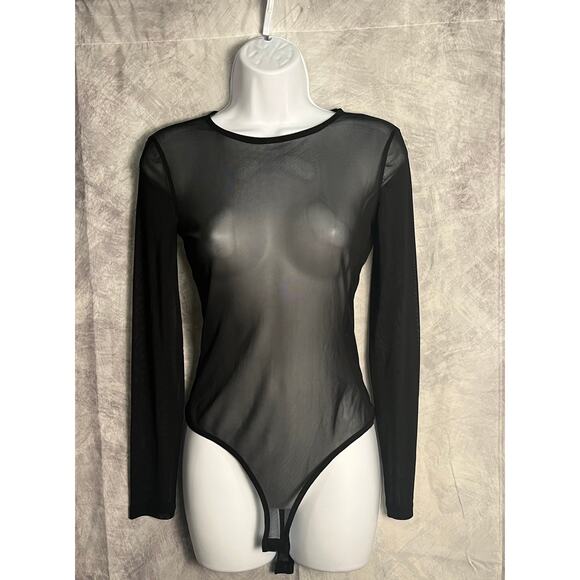 ASOS Black Sheer Mesh Long Sleeve Bodysuit | Size Small (US 4 - Picture 1 of 8